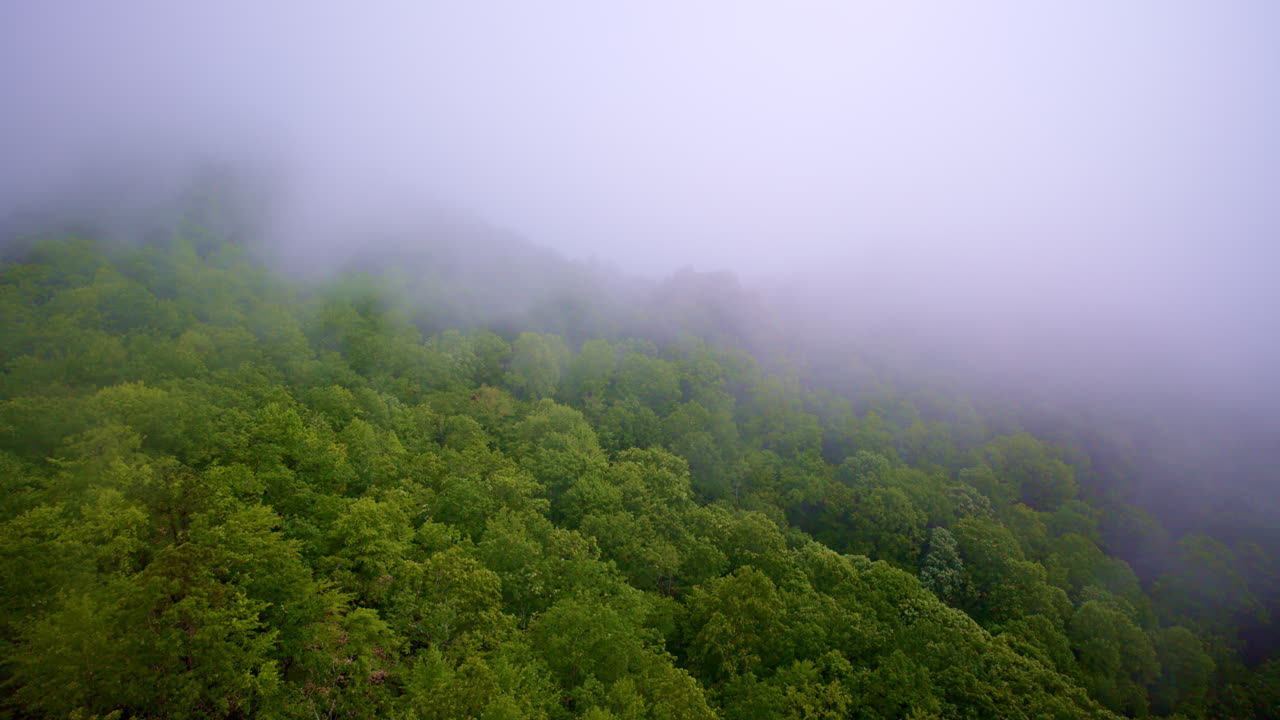 Aerial cinematic pass over mountains shrouded in mist