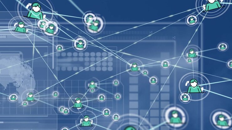 Animation of network of people icons over globe data processing on charts and graphs