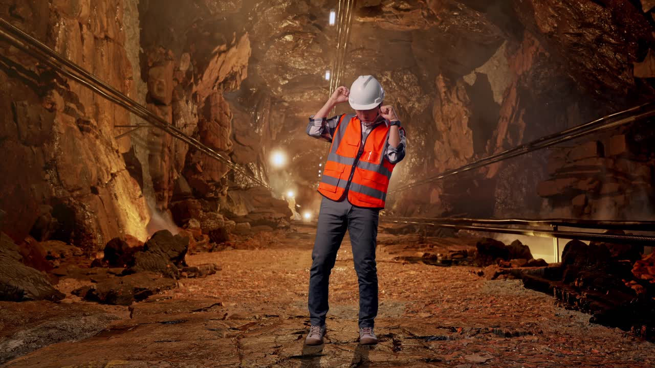 Full Body Of Asian Male Engineer With Safety Helmet Screaming Goal And Dancing Celebrating In Underground Mine Tunnel