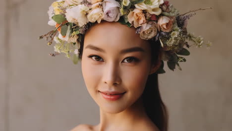 close-up portrait of a woman wearing a flower crown