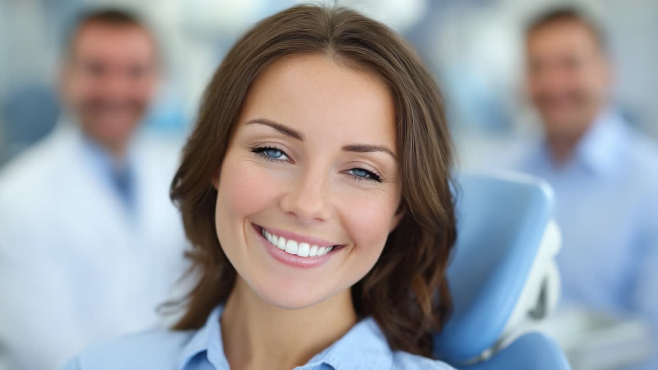 Un sorriso fiducioso: questa paziente entusiasta irradia felicità durante la sua visita allo studio dentistico, circondata da dentisti professionisti pronti a fornire cure