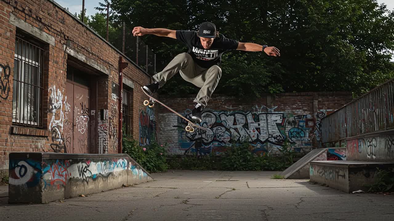 Dynamic Skateboarding Action: A Skater Performing an Impressive Trick in an Urban Environment Surrounded by Vibrant Graffiti and Textured Surfaces