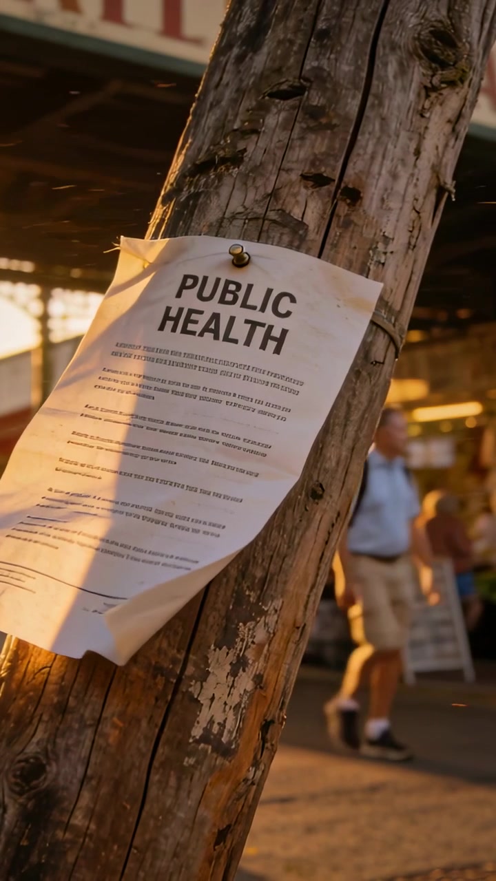 Vertical video: Flapping in light breeze PUBLIC HEALTH note on pole at market man with pack passing