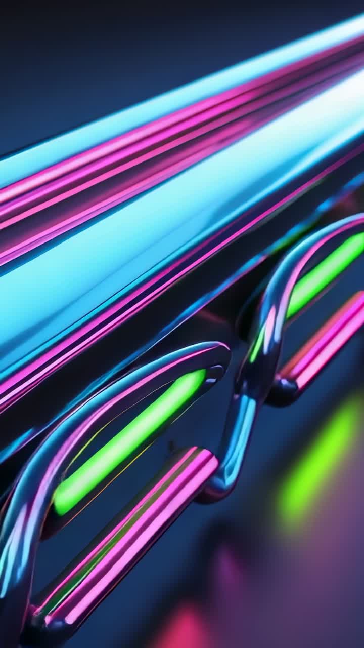 Vertical video: Entering frame chain rings sliding onto cylinder and stacking, in neon lit studio