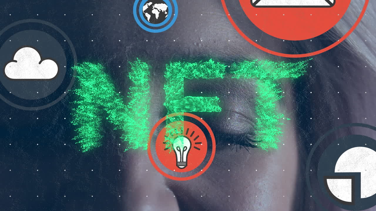 animación de nft, iconos tecnológicos en círculos y globo sobre los ojos de una mujer caucásica