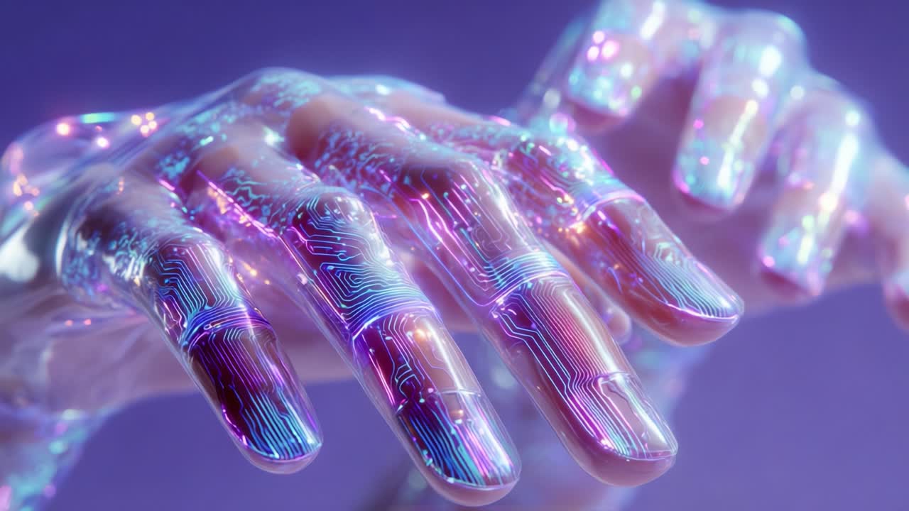 Intricate Fusion of Technology and Biology: A Close-Up of an Electrifyingly Designed Hand with Circuit Patterns and a Mystical Glow, Representing the Future of Digital Innovation and Human-Machine Interaction