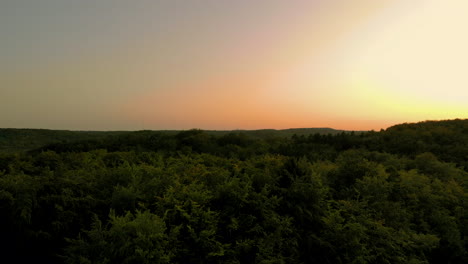 aerial footage over forest during sunset, beautiful sky on the horizon and green tree crowns below, natural landscape in the city, gdynia poland