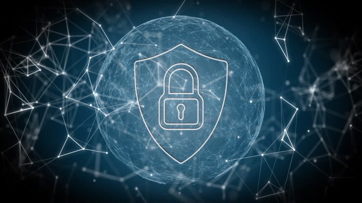 Animazione di rete di connessioni con lucchetto sul mappamondo