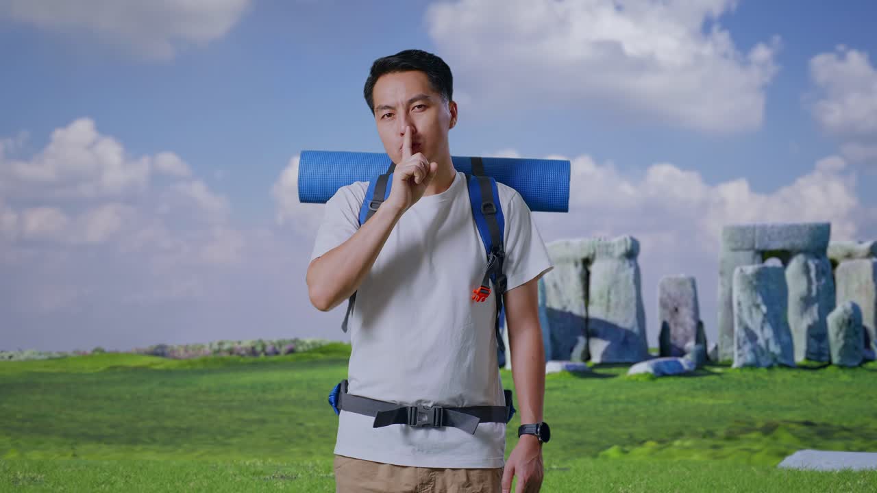 Asian Male Hiker With Mountaineering Backpack Looking At Camera And Making Shh Gesture While Traveling In Stonehenge