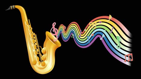 a vibrant animation of a saxophone emitting colorful musical notes and waves against a black background, creating a lively, dynamic mood