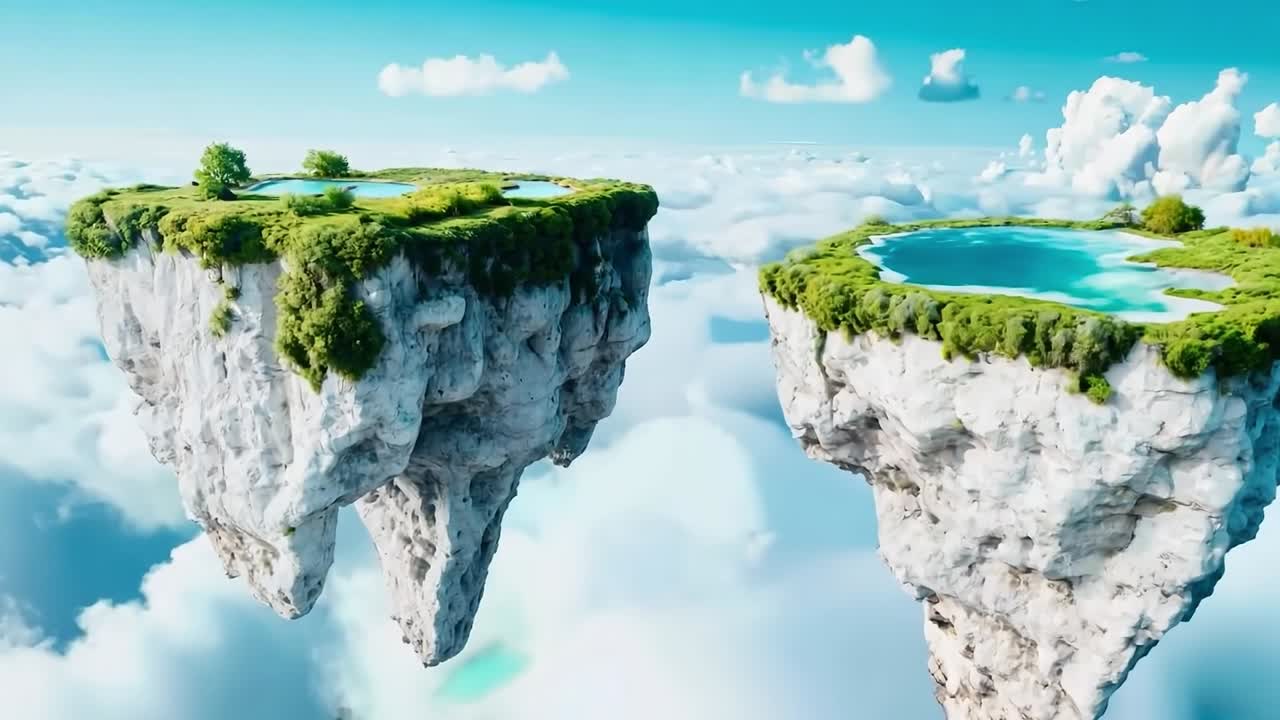 구름 위의 하늘에 떠다니는 작은 섬 두 개