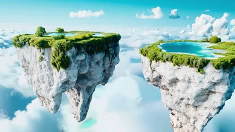 un par de pequeñas islas flotando en el cielo por encima de las nubes