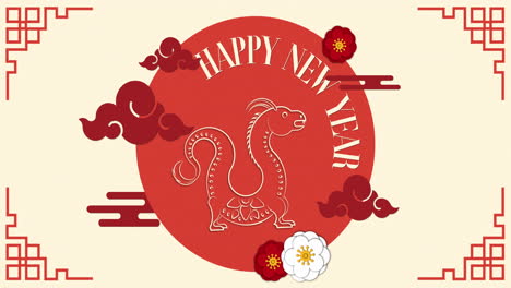 animation of happy new year text with dragon sign and chinese pattern on yellow background