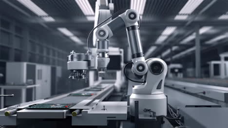 robotic arm assembling circuit boards on an automated production line