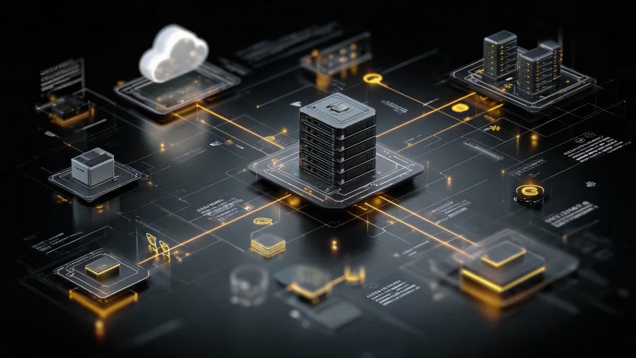 Network Infrastructure: Visualizing Communication and Data Flow Between Data Centers and Cloud Services in a High-Tech Environment