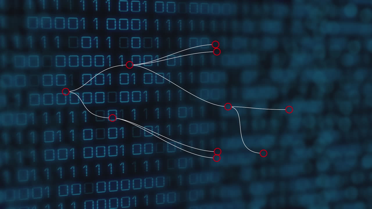 Animation of network of connections over data processing on black background
