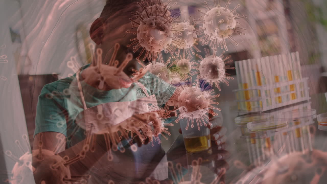 animación de células de covid-19 flotando sobre un niño afroamericano en el laboratorio de ciencias