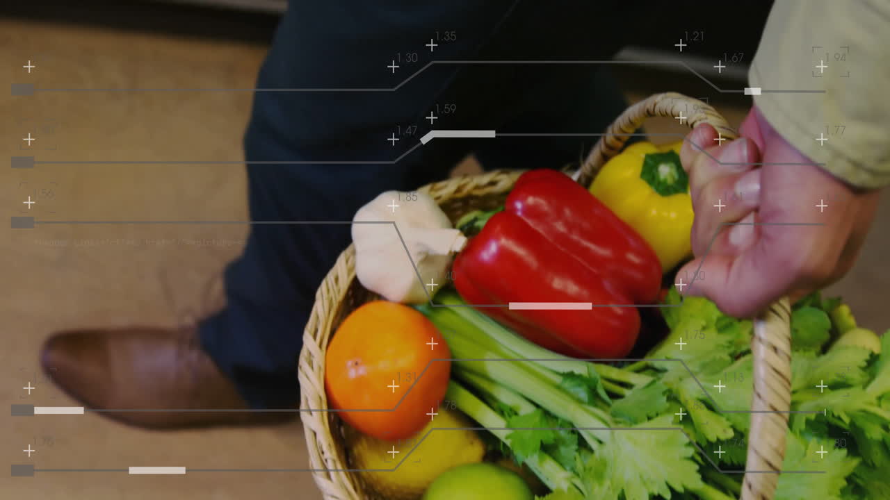 Basket of fresh vegetables with animated data processing overlay in kitchen
