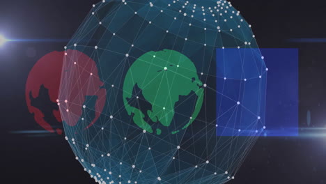 network of connections and data processing animation over globe icons