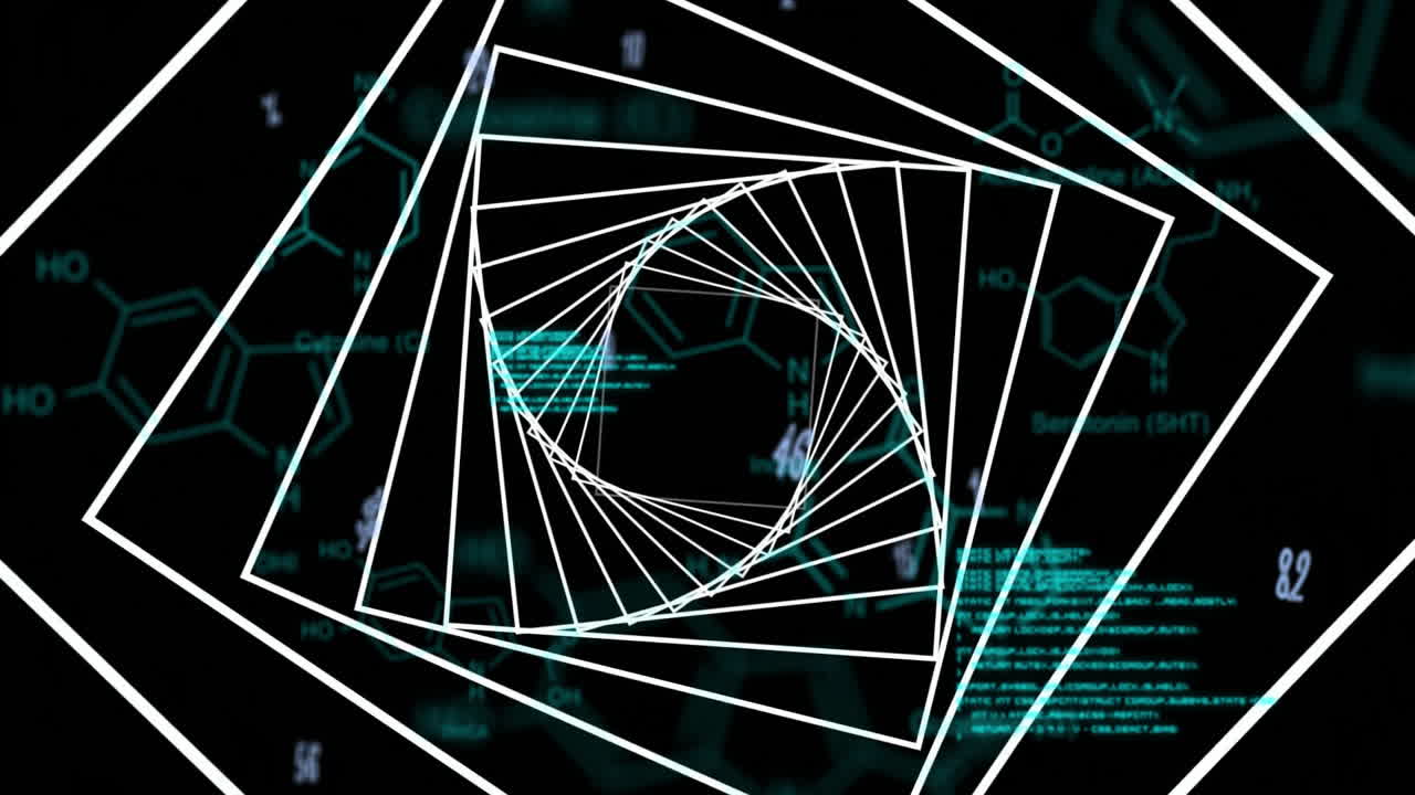 formas geométricas en espiral sobre fórmulas químicas y animación de procesamiento de datos