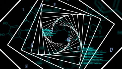 geometric shapes spiraling over chemical formulas and data processing animation