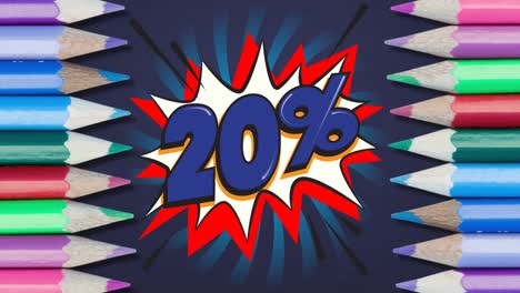 Animation-of-20-percent-sale-text-over-colour-pencils