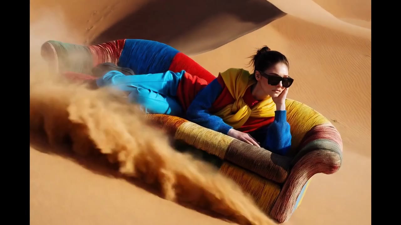 Giovane donna che si rilassa su un divano colorato nel deserto