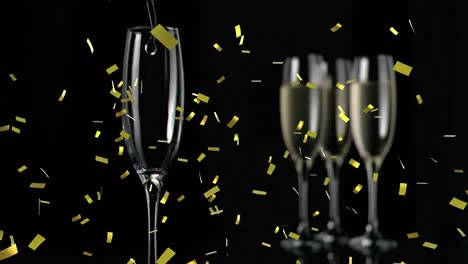 Animation-of-gold-confetti-falling-over-glasses-of-champagne-on-black-background