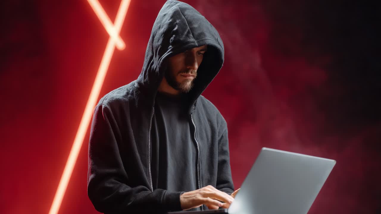 A Mysterious Figure in a Hoodie Engaged in Laptop Activity Against a Dark Background with Striking Neon Lighting, Evoking Intrigue and Modern Tech Themes