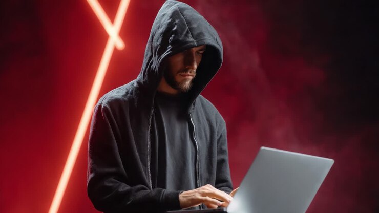 Una figura misteriosa con una felpa con cappuccio intenta a lavorare al laptop su uno sfondo scuro con un'illuminazione al neon sorprendente, che evoca mistero e temi tecnologici moderni