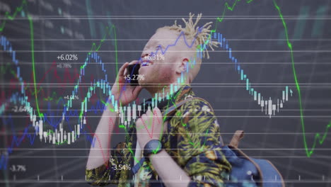 animation of data processing over albino african american man using smartphone