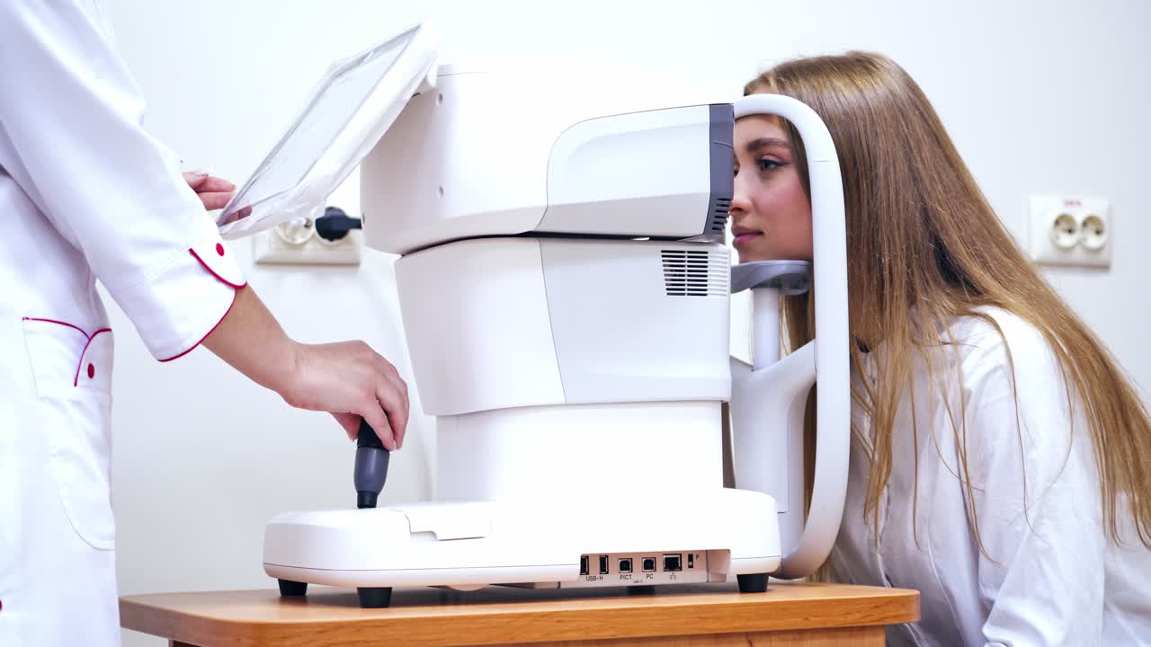 Woman checking eye in clinic. Optometrist checking vision of young beautiful woman