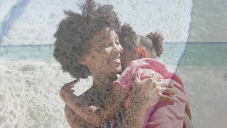 woman hugging child on beach, showing health data with animated heart icons and chart