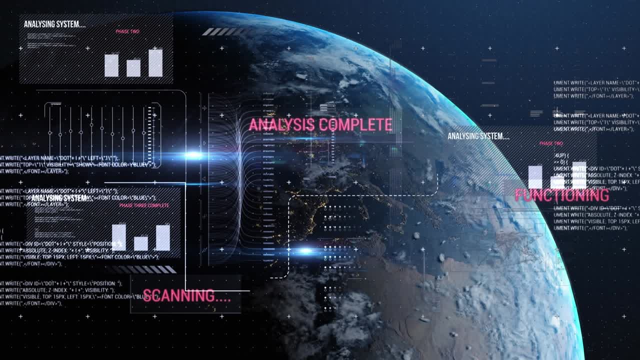 Animation of infographic interface with programming language over lens flares and rotating globe