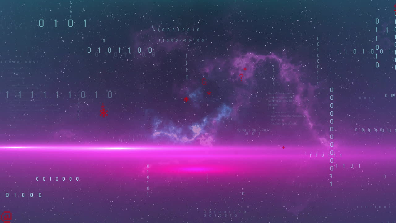 Animation of data processing and purple shapes on black background