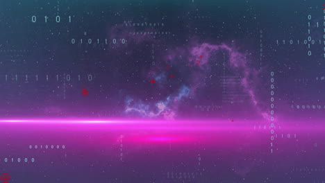animation of data processing and purple shapes on black background