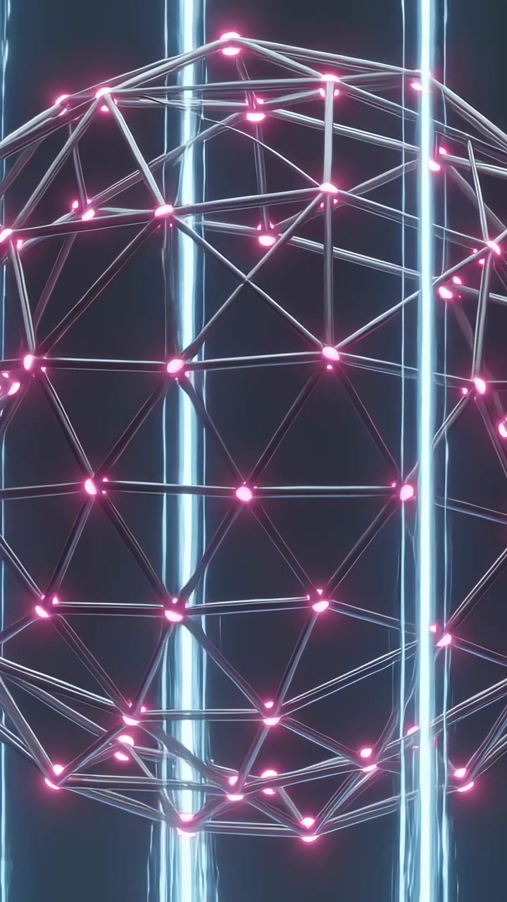 Vertical video: Appearing cyan pillar causing geodesic sphere rotating in dark void, magenta nodes