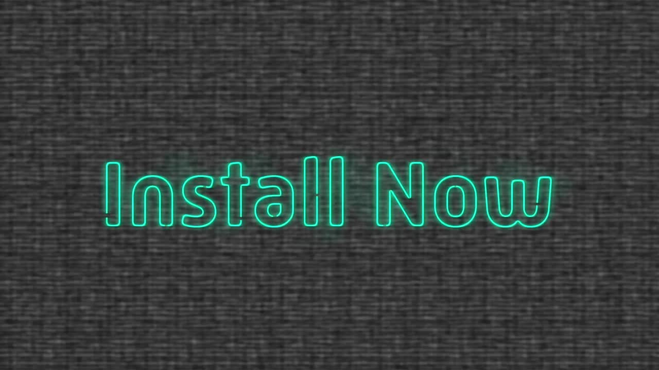 Animation of blue neon text, install now, on grey textured background