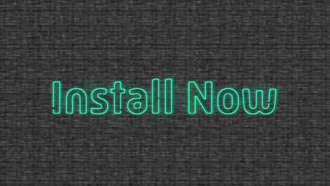 animation of blue neon text, install now, on grey textured background