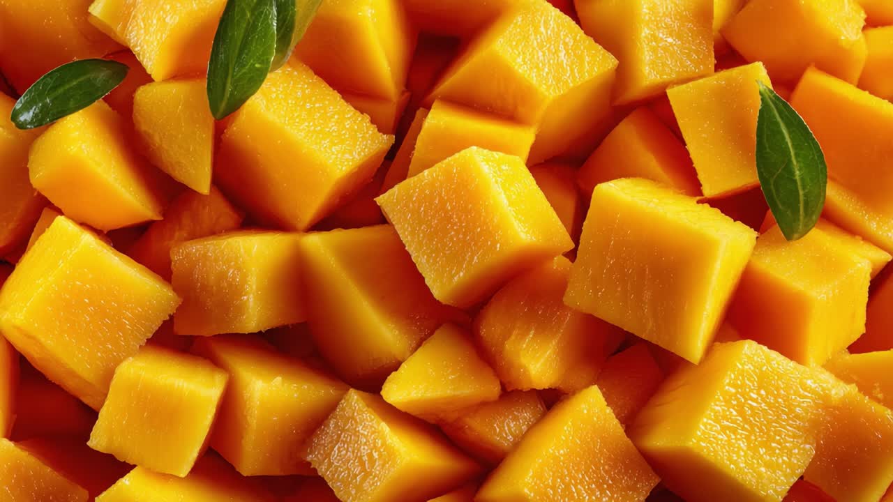 Vivaci cubetti di mango fresco che luccicano sotto una luce soffusa: un primo piano di frutta succosa tagliata a cubetti circondati da rigogliose foglie verdi.