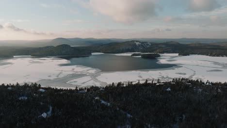 Dense-Forest-Trees-At-The-Frozen-Lakeshore-Of-Lac-Brompton-In-Quebec,-Canada