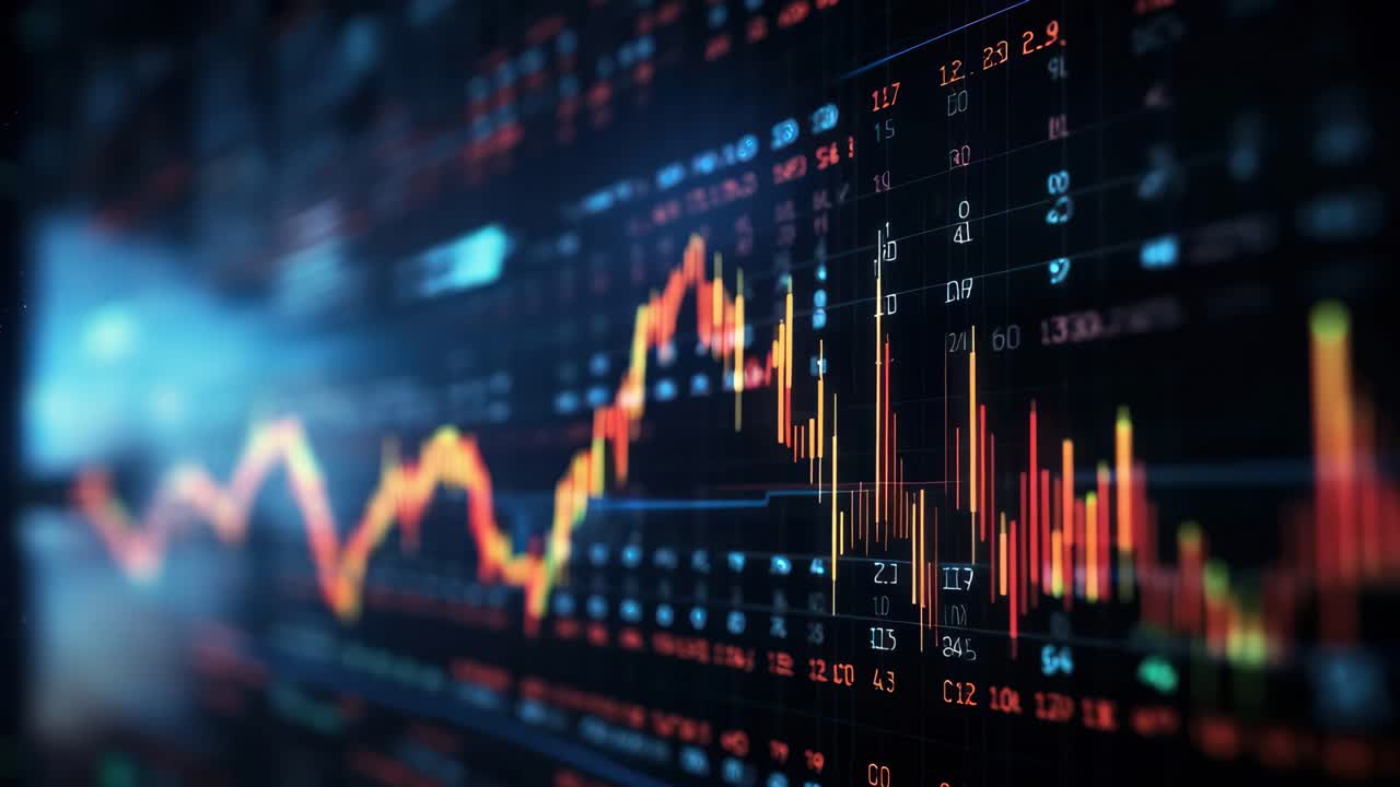Dynamic video concept of financial data with a close-up, angled view of fluctuating stock market