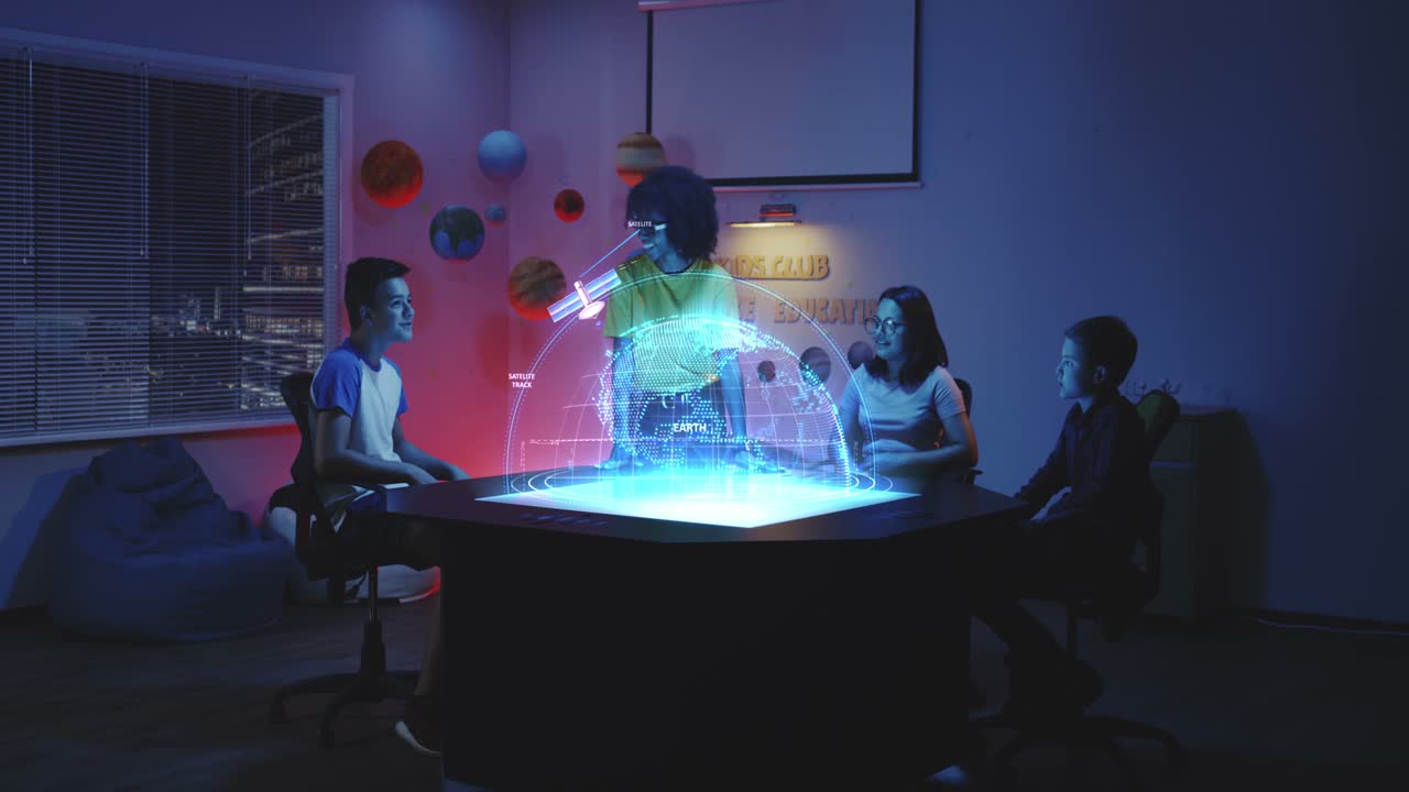 Students interacting with a virtual Earth model in a futuristic classroom