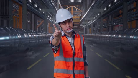 industrial worker in a factory showing stop gesture