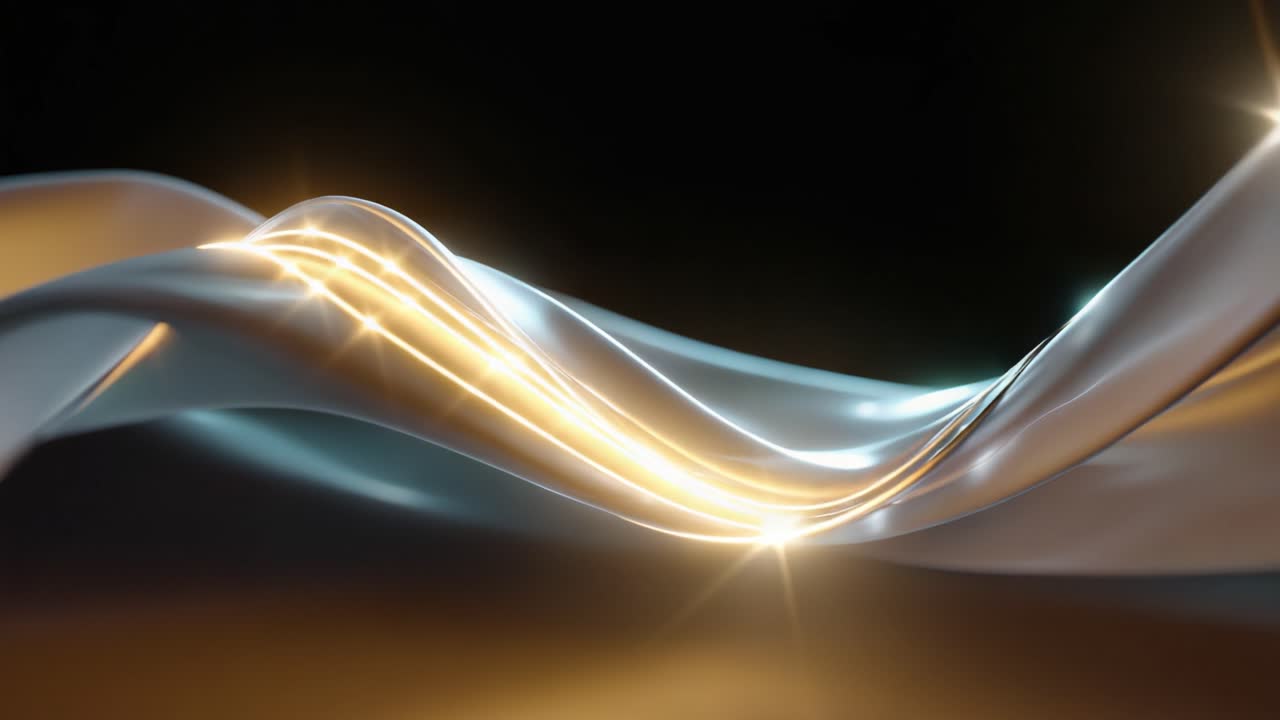 A mesmerizing wave of shimmering light and texture flows gracefully through the darkness, showcasing an elegant interplay of reflections and soft curves