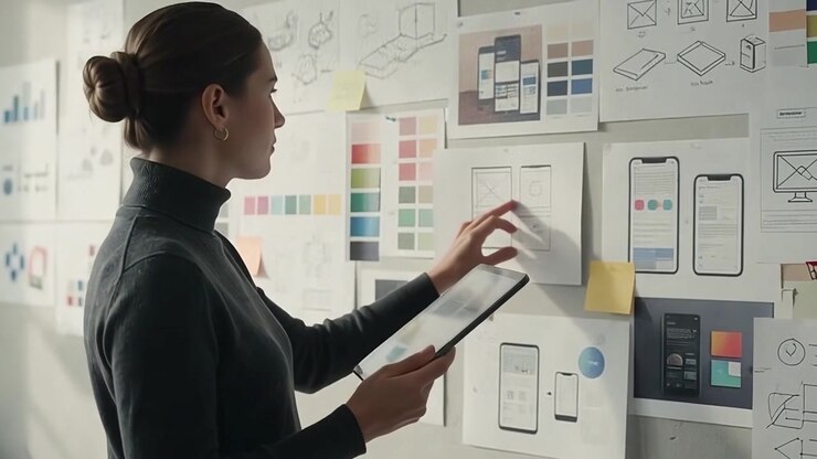 UX Designer Reviewing Mobile App Wireframes on Tablet
