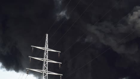 an electric tower stands against a background of black smoke. a big chemical fire at a factory building. thick black smoke covers the sky.