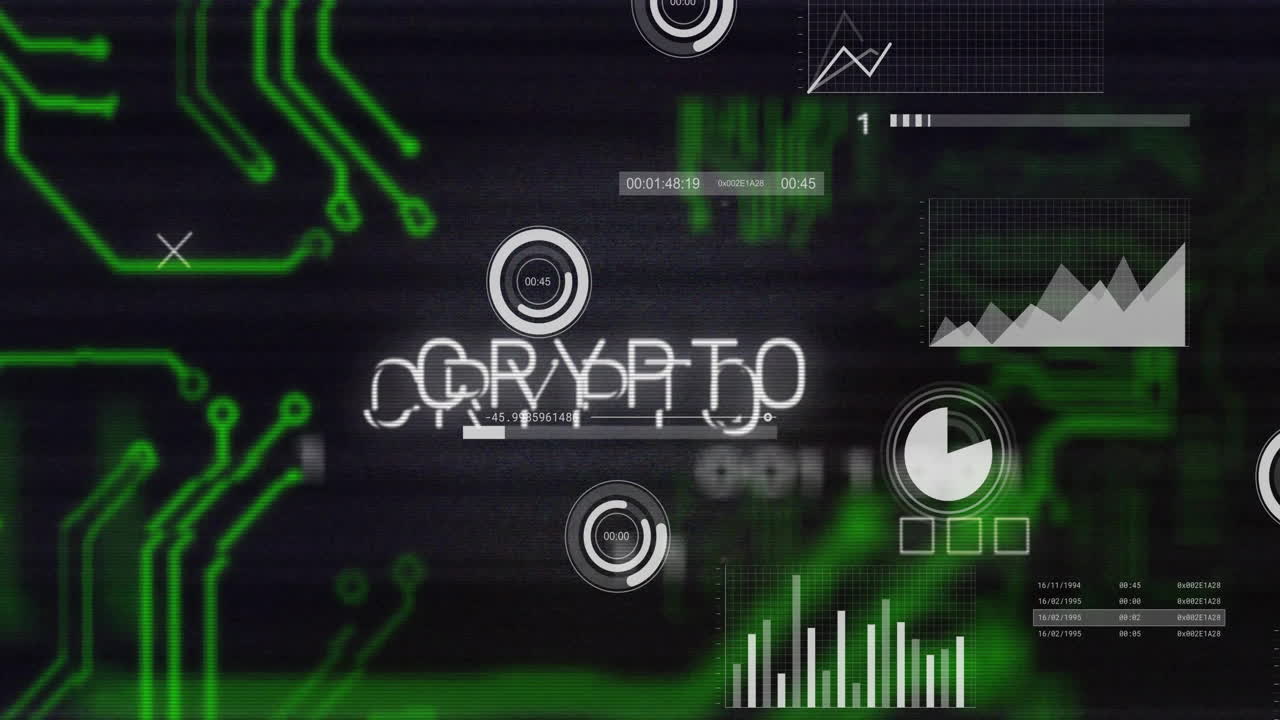 Digital graphs and data processing animation over green CRYPTO text