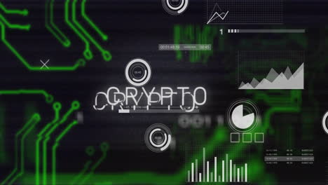 digital graphs and data processing animation over green crypto text
