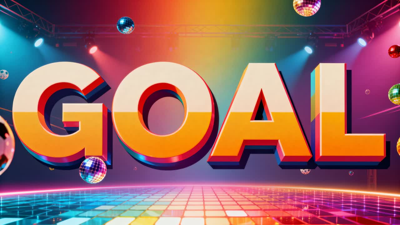 Balón de fútbol rodando que hace que las letras "GOL" aumenten de tamaño celebrando un gol en un escenario colorido, con bolas de discoteca.